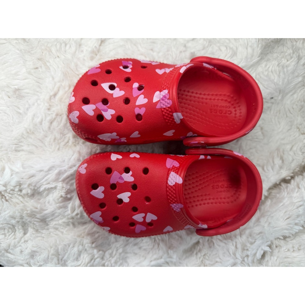 Crocs Kids Classic Clog Red Pink Heart Print Slip On Shoes C8